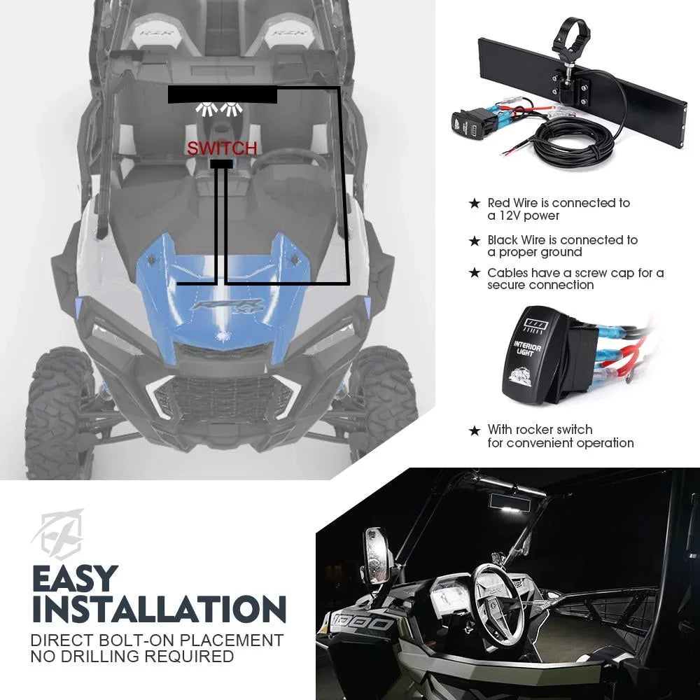 & Rollbars for LED UTV Integrated 1.75"-2" Rear View 13" Mirror Lights Xprite Curved Switch w/