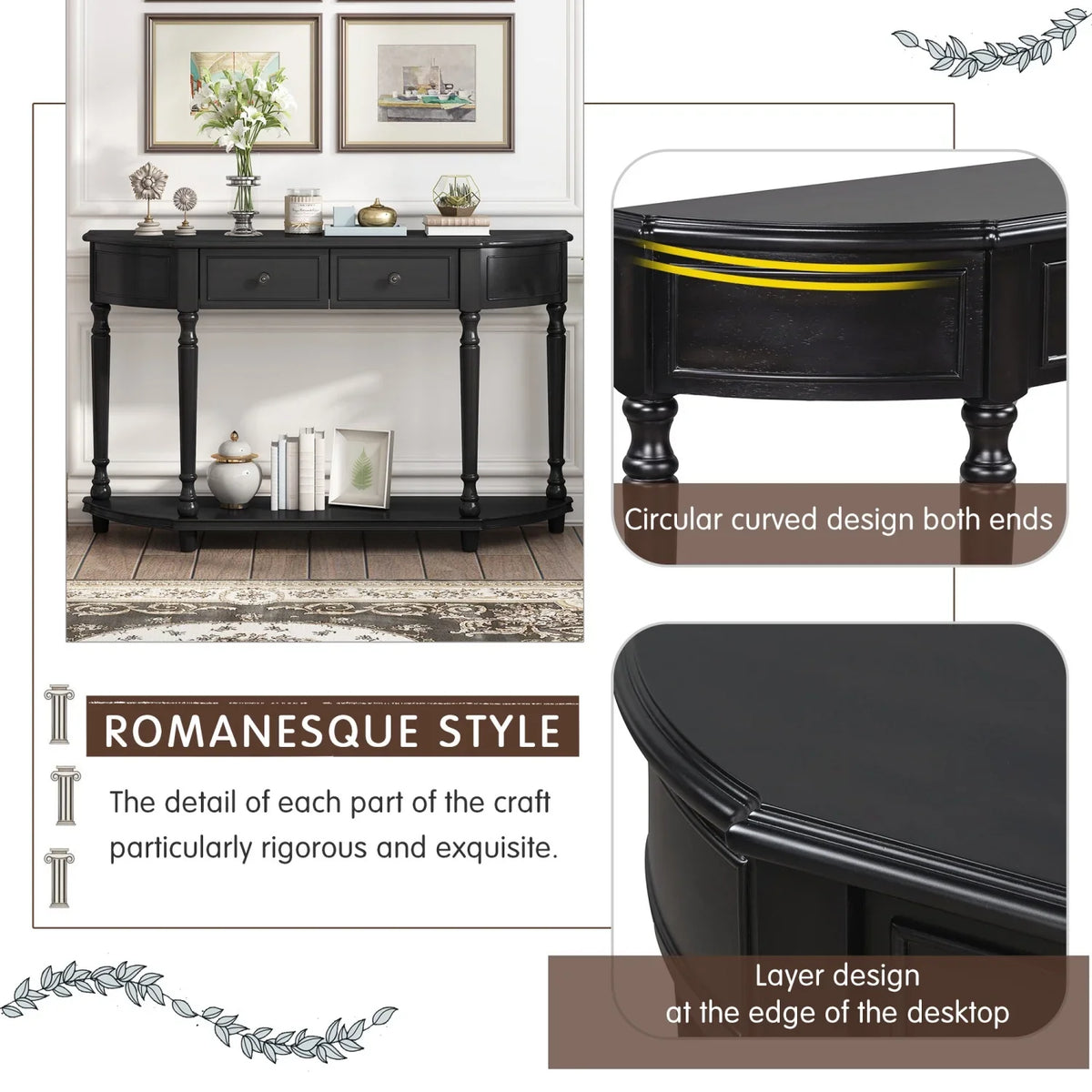 '+ and (Cherry Open design WF298768AAC) Legs Circular Curved Drawers Wooden Two Antique Solid Design SKU with TREXM Top Retro Table Console Blue Frame OLD Shelf