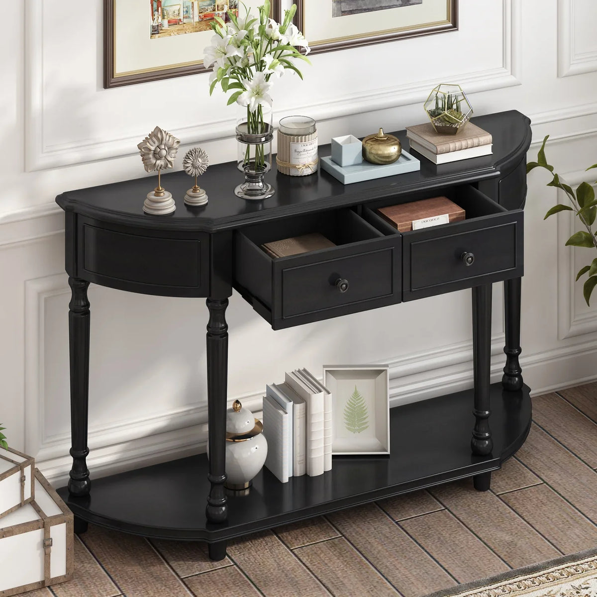 '+ and (Cherry Open design WF298768AAC) Legs Circular Curved Drawers Wooden Two Antique Solid Design SKU with TREXM Top Retro Table Console Blue Frame OLD Shelf