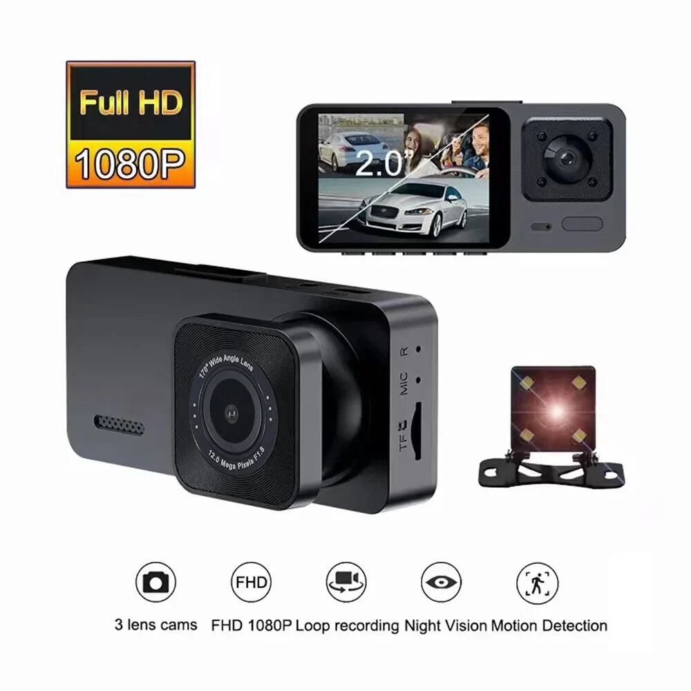 1080P Camera 3 Front Dash Onemayship Inside Rear Cam Video Car G-Sensor Recorder DVR Lens