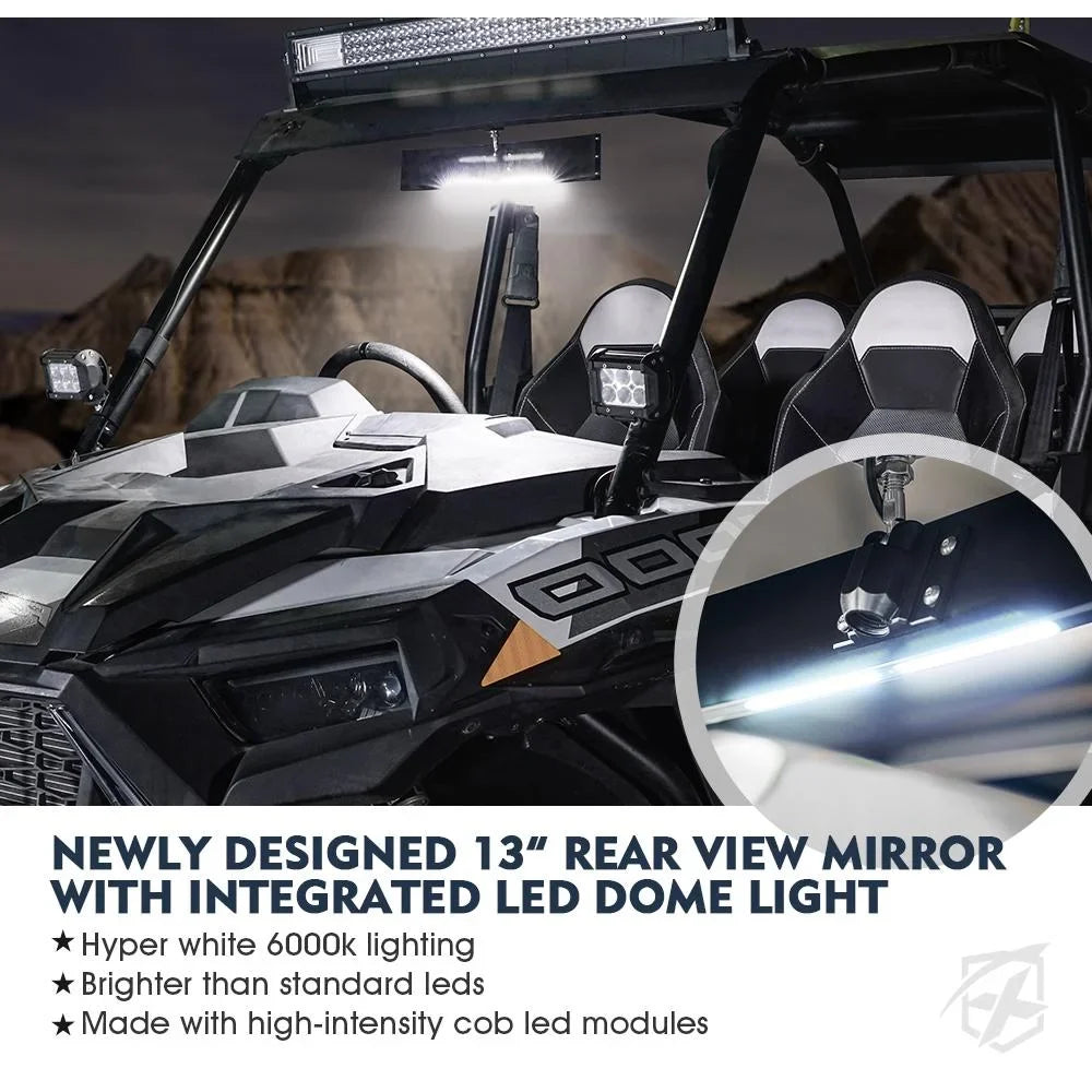 & Rollbars for LED UTV Integrated 1.75"-2" Rear View 13" Mirror Lights Xprite Curved Switch w/
