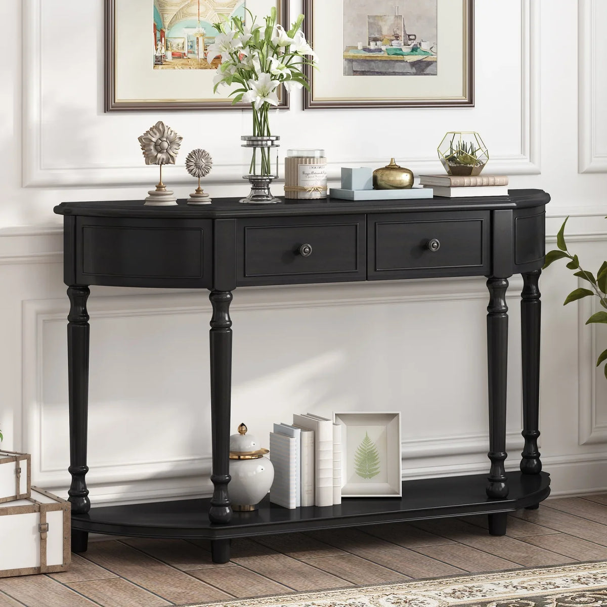 '+ and (Cherry Open design WF298768AAC) Legs Circular Curved Drawers Wooden Two Antique Solid Design SKU with TREXM Top Retro Table Console Blue Frame OLD Shelf