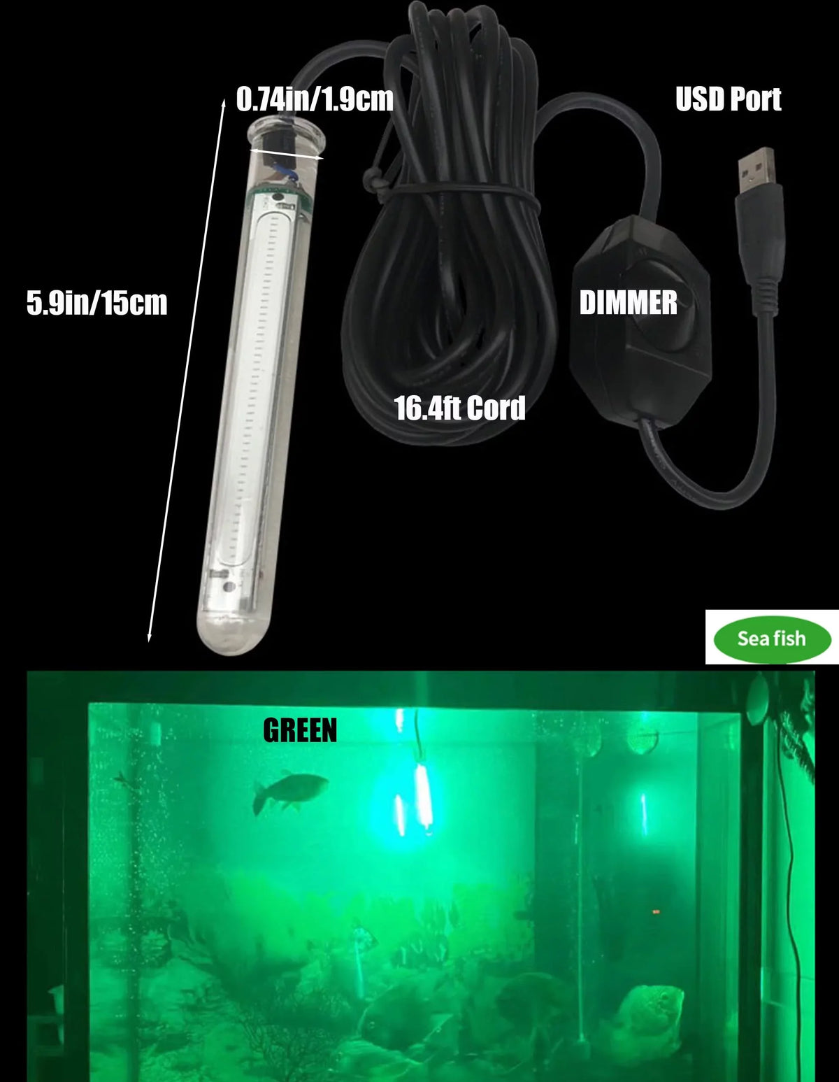 '- Light,Night FSLiving Attracting Portable Submersible Light Underwater for Green Fish Fishing Dimmable 20W 5V LED 16.4ft Fishing Light USB Finder Light Camping Fishing Charging