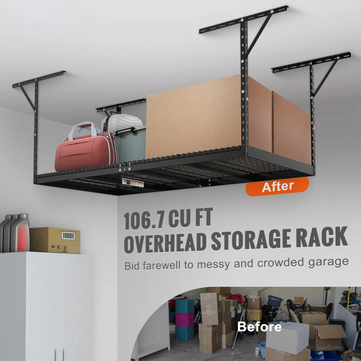 Rack 600 Garage Storage lbs SKYSHALO 48x96" Overhead Adjustable Black Rack Ceiling
