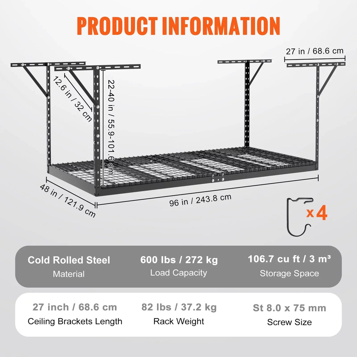 Rack 600 Garage Storage lbs SKYSHALO 48x96" Overhead Adjustable Black Rack Ceiling