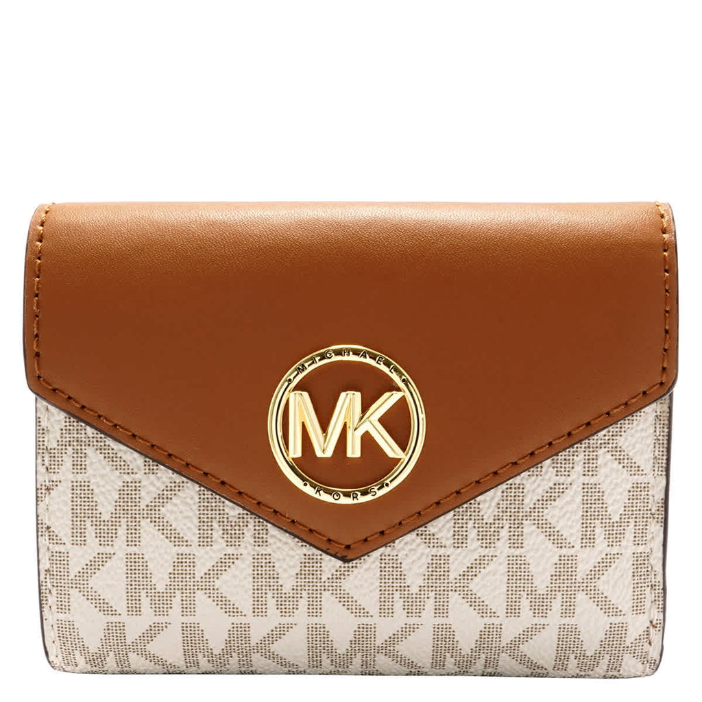 '- Carmen Envelope Signature Medium Ladies Tri-Fold Vanilla/Acorn Logo Kors Wallet Michael
