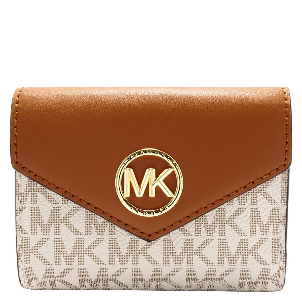 '- Carmen Envelope Signature Medium Ladies Tri-Fold Vanilla/Acorn Logo Kors Wallet Michael