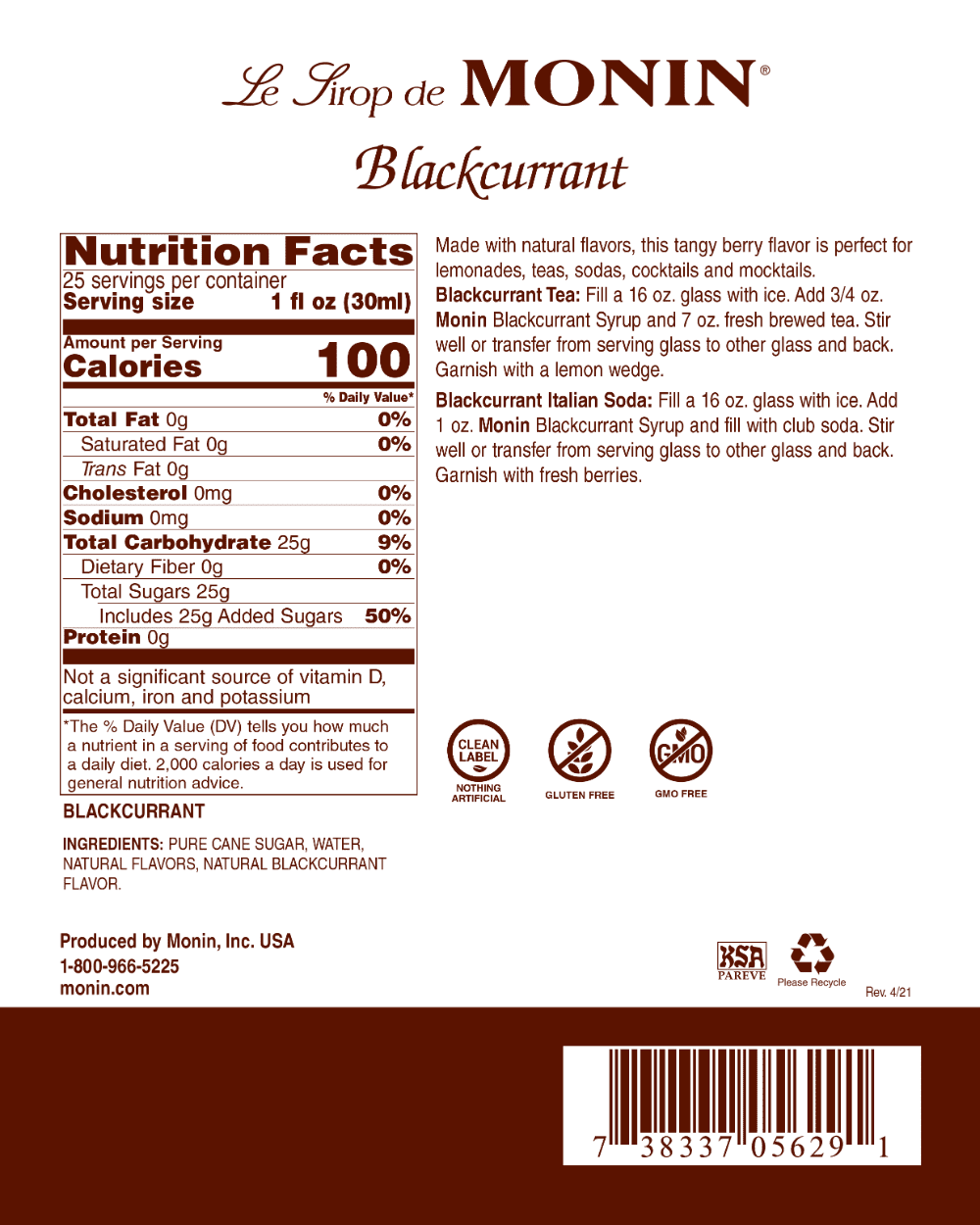 '- Gourmet Syrup (750ml) Monin Blackcurrant