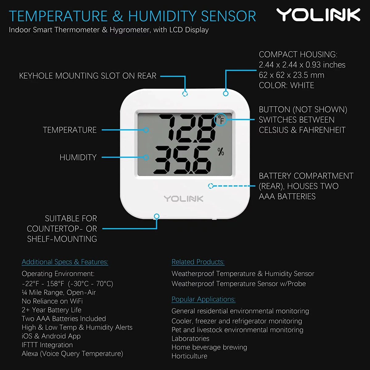 '- for Cage/Tank Freezer degrees) Sensor Works Monitoring Alerts, Hub Humidity Range / Wireless IFTTT, Fridge 158 Alexa Smartphone (-22 2 Smart with Monitoring Pack to Included Wide Temperature Pet