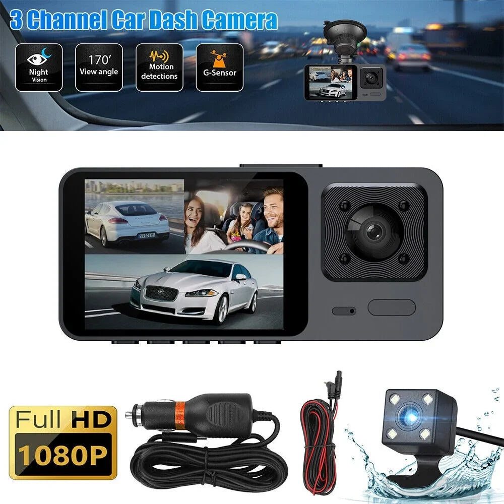 1080P Camera 3 Front Dash Onemayship Inside Rear Cam Video Car G-Sensor Recorder DVR Lens